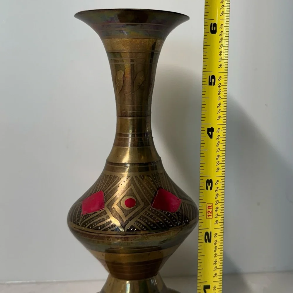 Brass Decorative Vase with Red Inlay - Home Accents